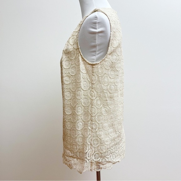 Talbots Cream Gold Metallic Medallion Lace Overlay Scalloped Sleeveless Top - Picture 5 of 11